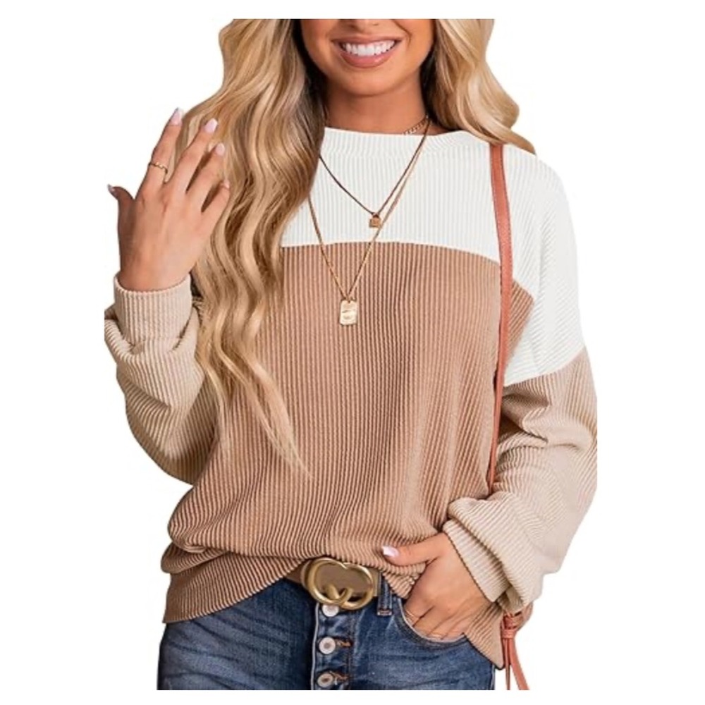 Dokotoo Womens Color Block Long Sleeve Crewneck Knitted Casual Loose Pullover S